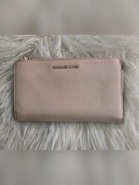 Michael Kors Pink Pebbled Leather Zip-Around Wallet with Gold Logo SEE CALL OUTS